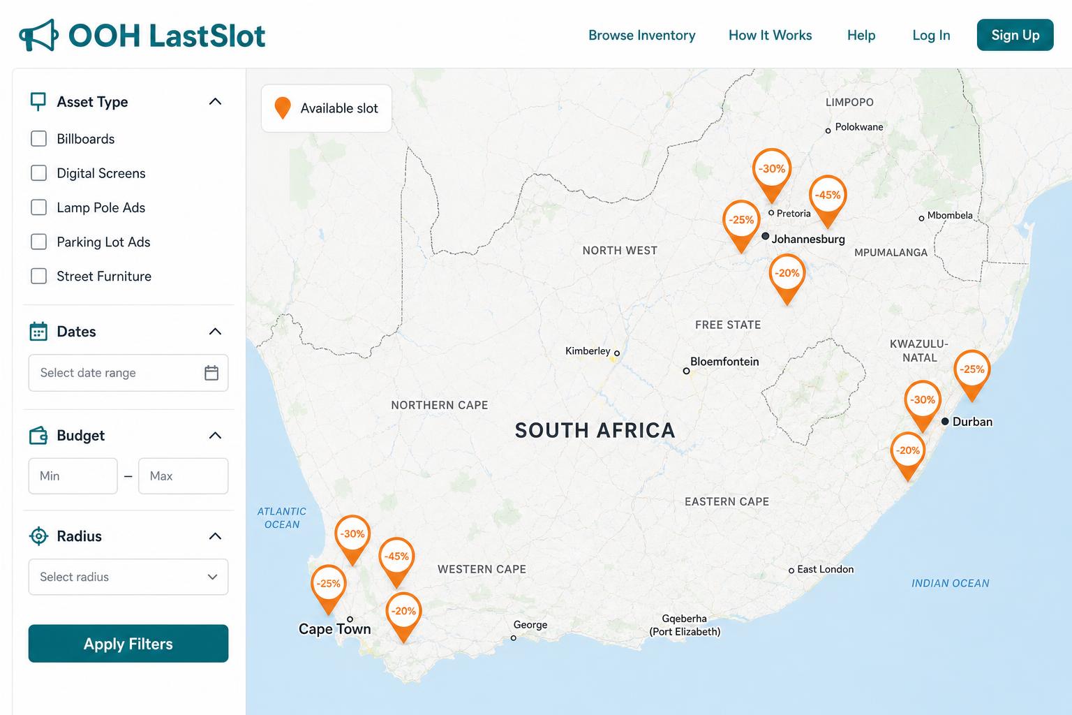 Advertiser map view of South Africa with orange pins showing live discounts on available OOH slots