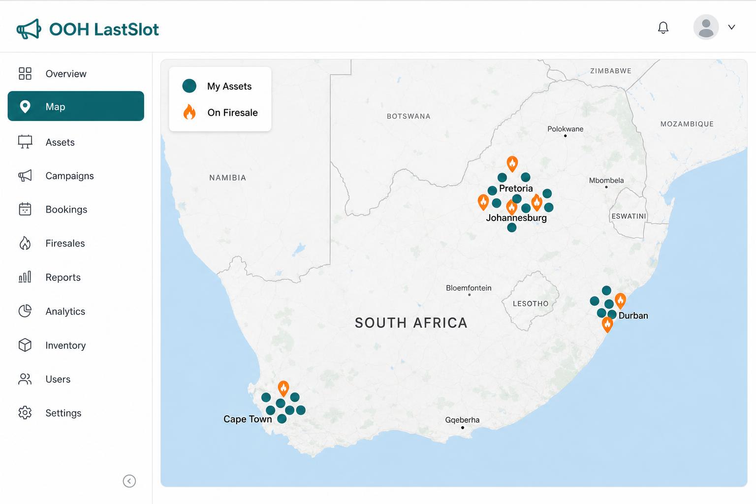 Media owner map view of South Africa with blue pins for all assets and orange flame pins for firesale listings